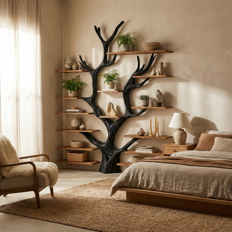 Sculptural Tree Bookcase - Artisan Tree-Inspired Wall Unit SINLSATB179