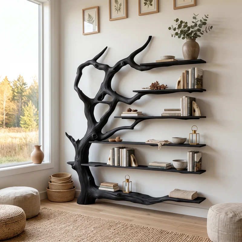 Wall Mounted Rustic Tree Bookcase Floating Shelf For Living Room Decor & Gift SINLSATB177
