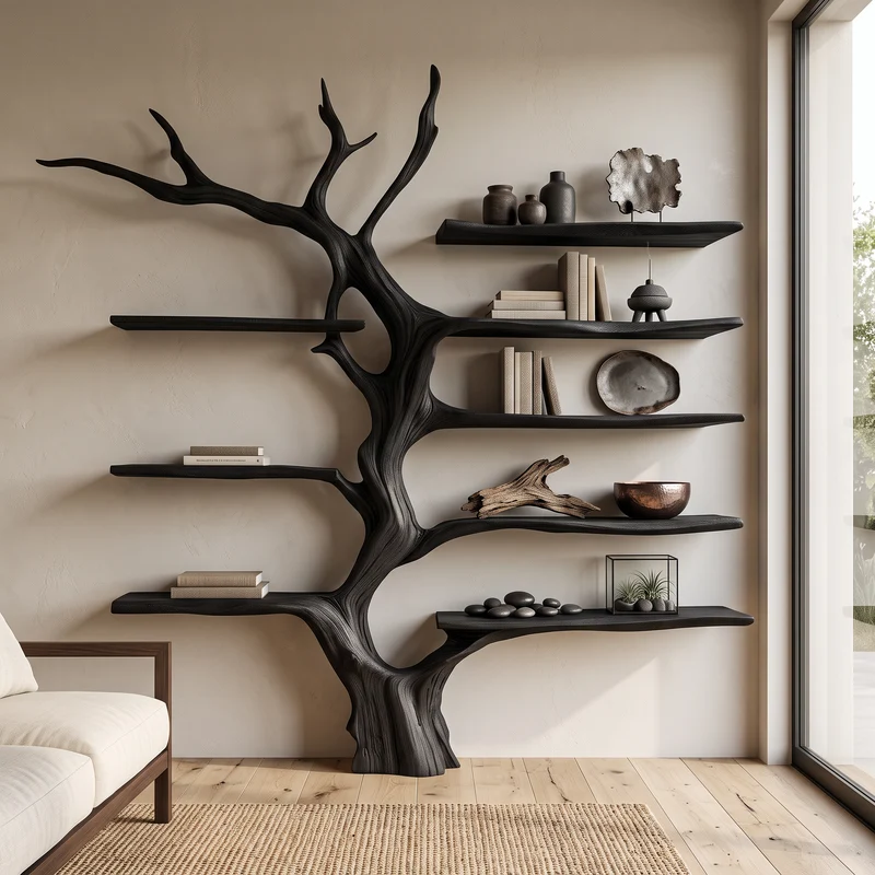 Sculptural Tree Bookcase Artistic Wooden Wall Shelf SINLSATB176