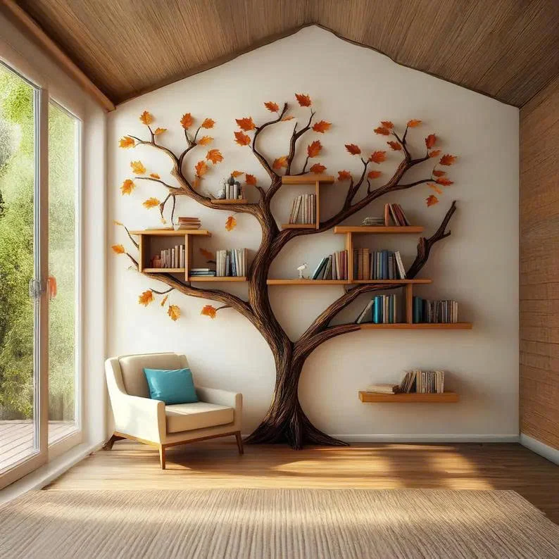 Rustic Tree Bookcase Wall Mouted Floating Shelf Decor Living Room Gift SINLTB173