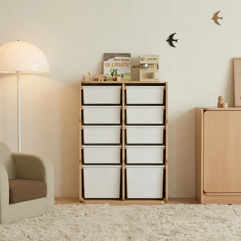 Modern Minimalist Solid Beech Wood PP Felt Kids Storage Cabinet With 10 Drawers - Montessori Toy Organizer & Large Capacity Nursery Storage Shelf