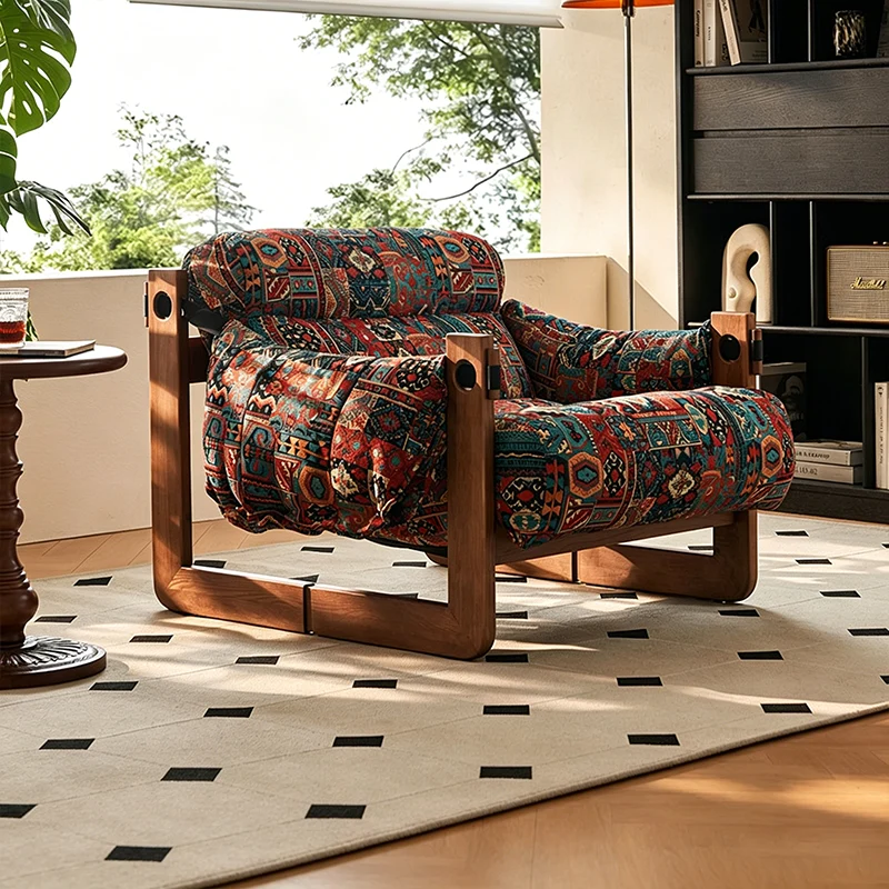 Vintage Ash Wood Jacquard Lounge Chair - Plush Down & Fiber-Filled Accent Armchair For Living Room