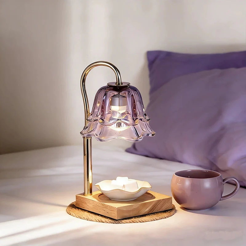 Contemporary Creative Iron Glass Oak Wood Lily Of The Valley Design 1-Light Melting Wax Table Lamp For Bedroom