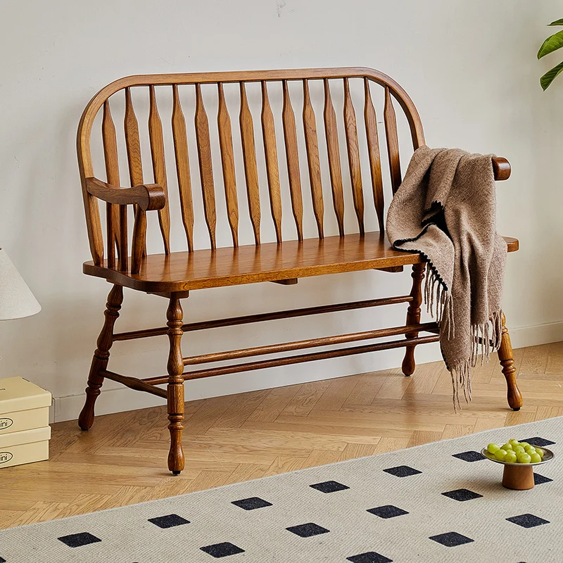 Traditional Vintage Hollow Trapezoidal Red Oak Plywood Bench Backrest Armrest For Dining Room & Balcony