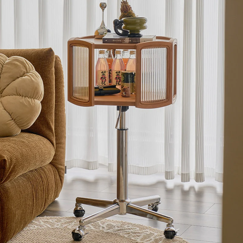 Traditional French Petal Cherry Wood Stainless Steel Striped Glass Liftable Movable Side Table 2-Layer For Living Room