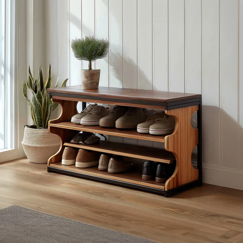 Midcentury Shoe Organizer Bench Entryway SINLKISB043