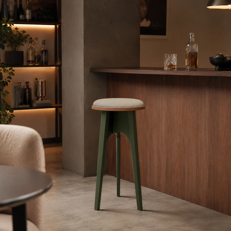 Vintage French Ash Wood & Plywood Corduroy Bar Stool - Retro Upholstered Counter Stool With Artistic Natural Wood Grain