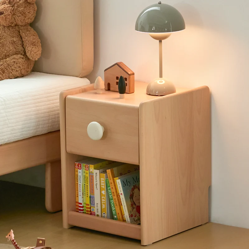 Eco-Friendly Kids Bedside Table - Traditional Japanese Beech Wood Multi-Layer Storage Nightstand 1-Drawer For Bedroom