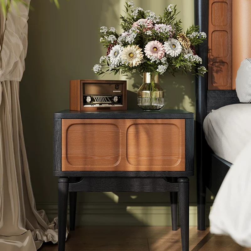 Retro Solid Ash Wood Nightstand - Hidden Handle Recessed Panel Bedside Table 1-Drawer For Bedroom