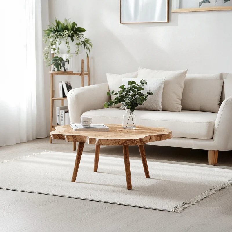 Spry Interior Rustic Solid Wood Coffee Table, Handcrafted Natural Slab Low Center Table for Boho Home Living Room Styling, SILDTTRCF025
