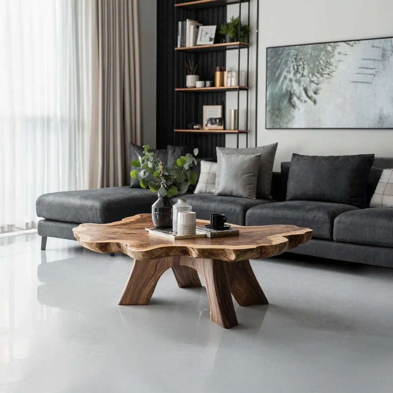 Spry Interior Rustic Solid Wood Low Coffee Table, Handcrafted Live Edge Center Table for Organic Living Room Decor, SILDTTNCF014
