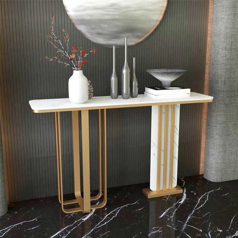 11"W Glam Accent Table Stone White Rectangle Console Accent Table