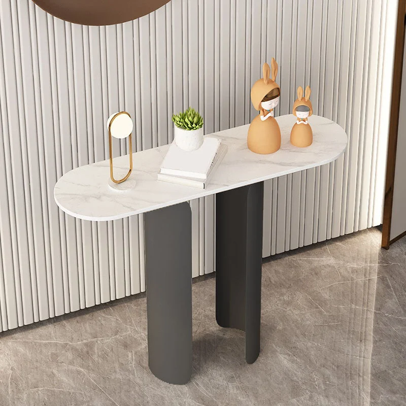 12" W Glam Console Table Stone Oval Stain Resistant Accent Table for Hall