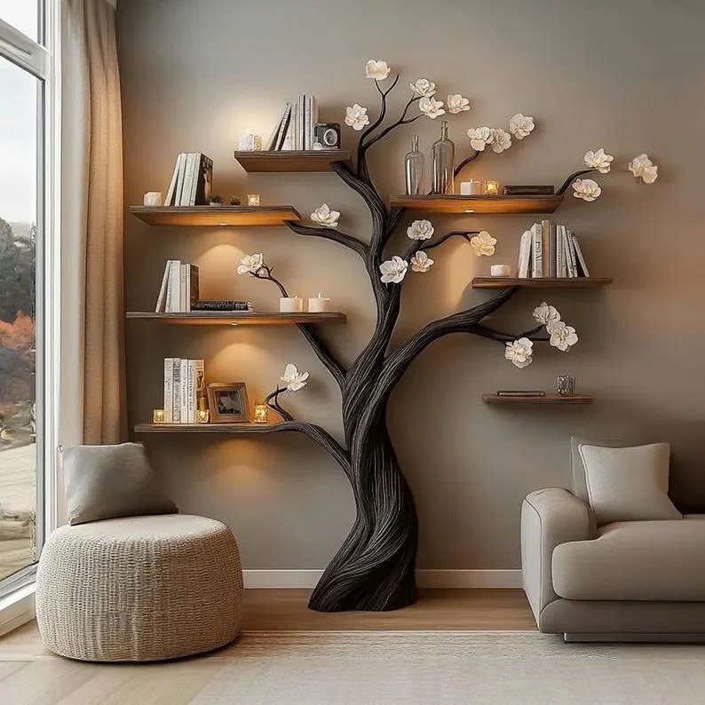 Rustic Wood Wall Mounted Tree Bookcase Decor Home Gift SINLTB167