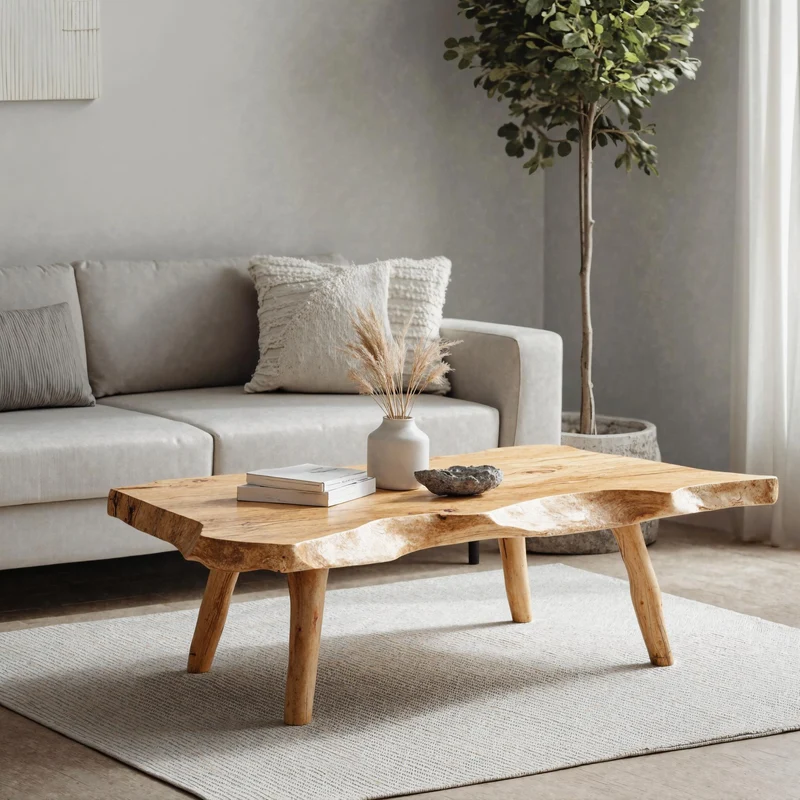 Spry Interior Farmhouse Wooden Coffee Table, Solid Wood Live Edge Central Table for Rustic Living Room Decor, SILDTCF135