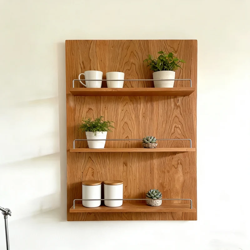 Modern Minimalist Cherry Wood & Plywood Rectangular Wall-Mounted Storage Shelf 3-Tier Living Room