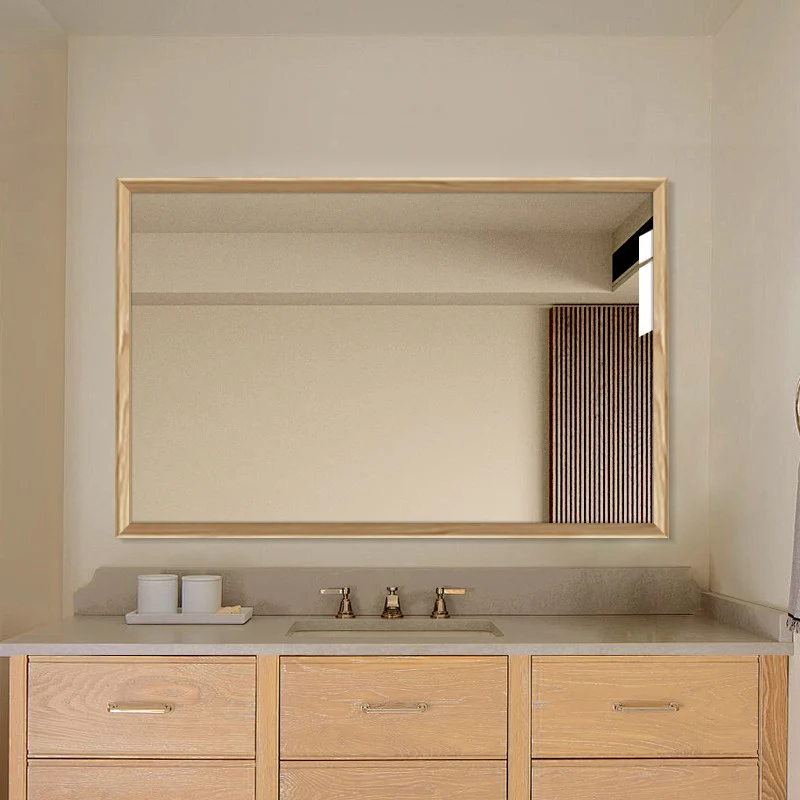 Modern Minimalist Solid Pine Wood Rectangular Waterproof Bathroom Wall Mirror With High Transparency Glass For Bedroom & Bathroom Use
