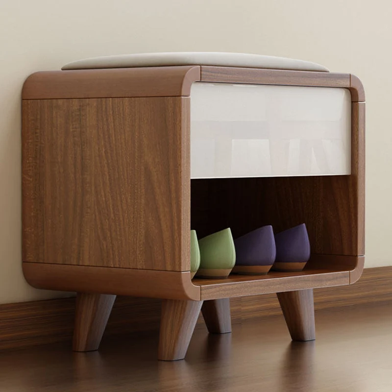 Contemporary Nordic Particleboard Plywood Rectangular Shoe Bench With 2-Tier Storage & Upholstered Cushion For Entryway
