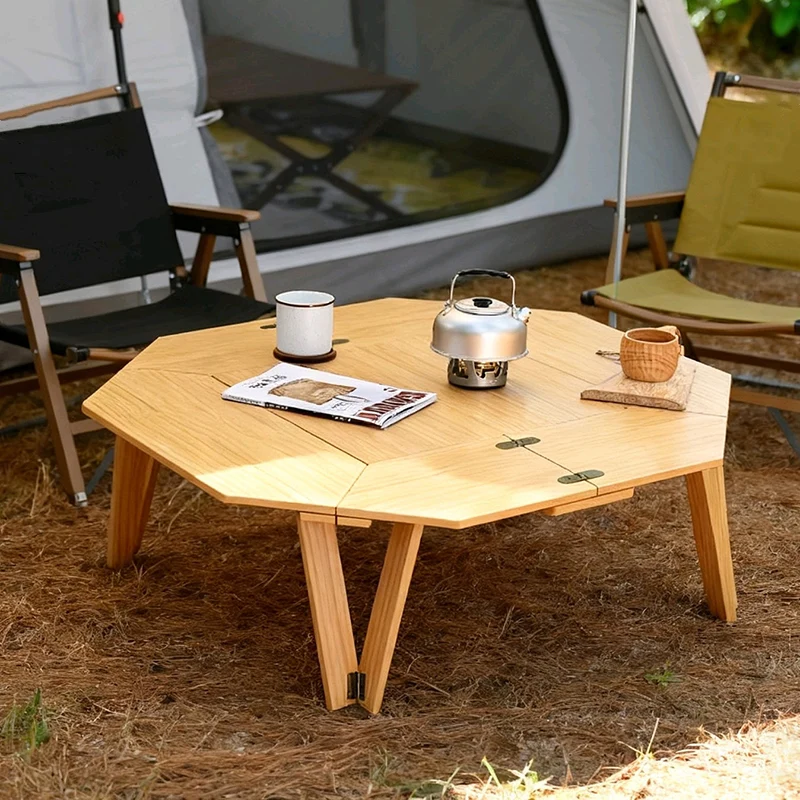 Modern Minimalist Solid Wood & Metal Octagonal Folding Coffee Table Portable Outdoor Patio Camping Table