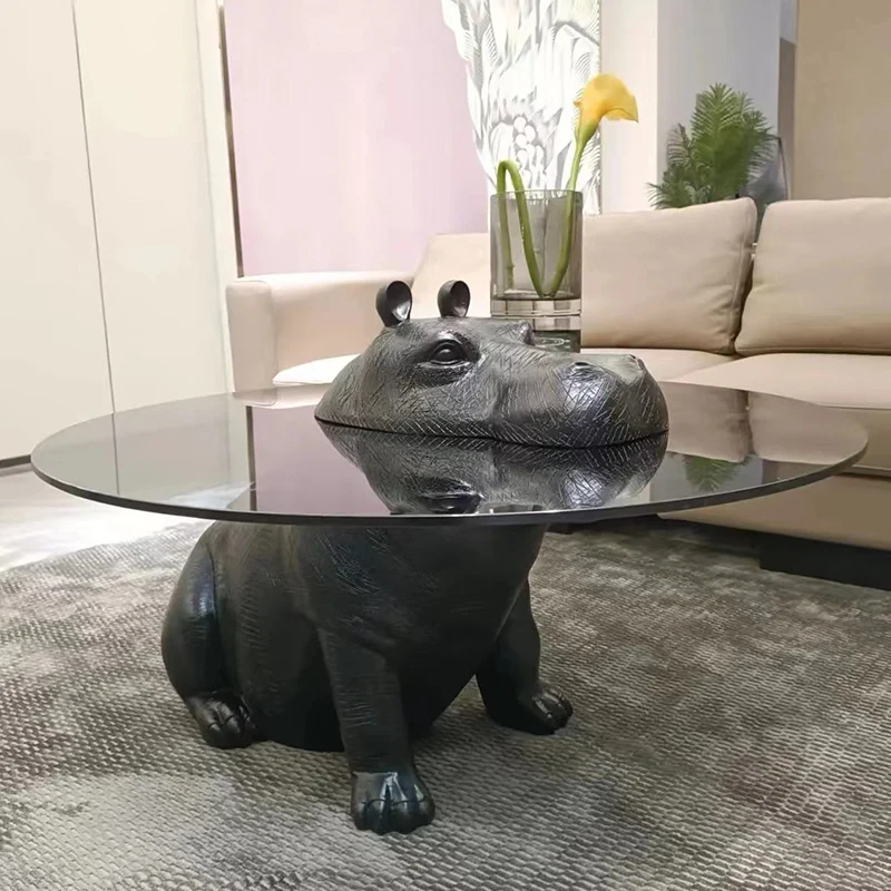 Contemporary Creative Fiberglass Tempered Glass Hippo Sculptural Coffee Table For Living Room