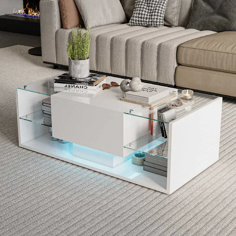 Yelenaro LED Couchtisch – Moderner Hochglanz-Wohnzimmertisch mit Glasablage & Schublade