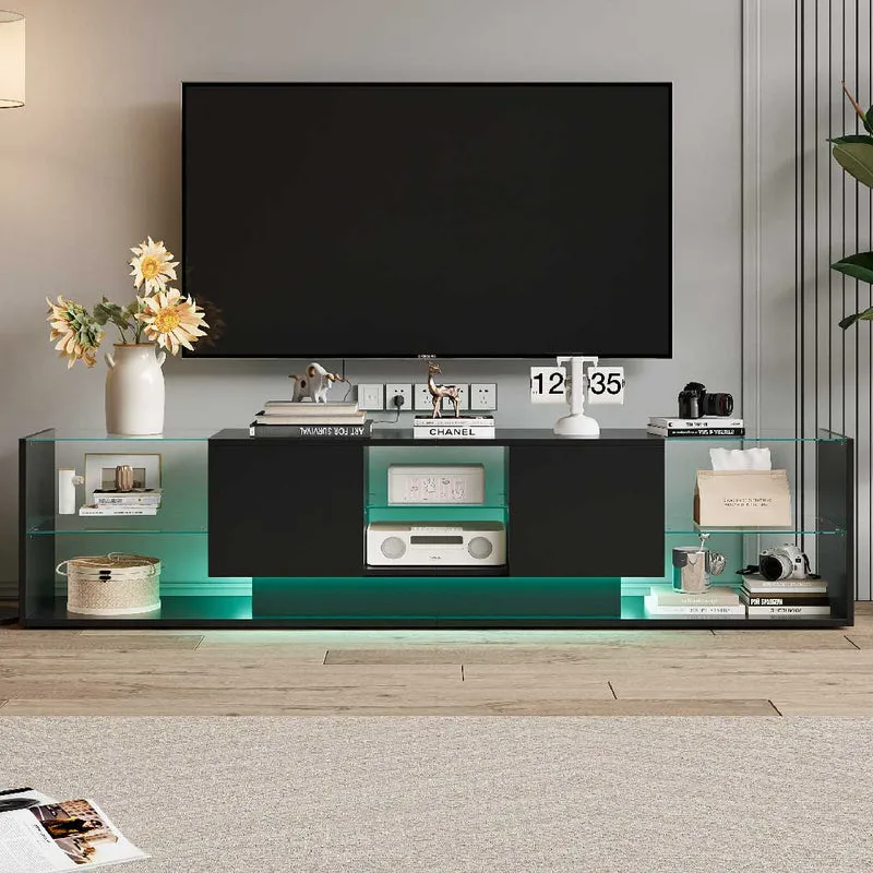 Yelenaro LED TV-Lowboard 200 cm – mit Glasregalen & Schubladen