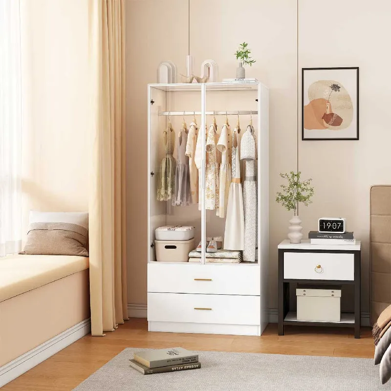 Yelenaro Schmaler Kleiderschrank mit transparenten Glastüren & LED – Weiß, 80 cm