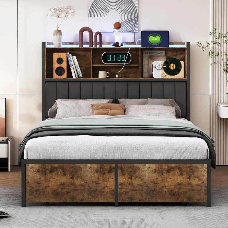 Yelenaro LED-Bett mit Stauraum & USB – Metall-Holz-Bett mit Schubladen