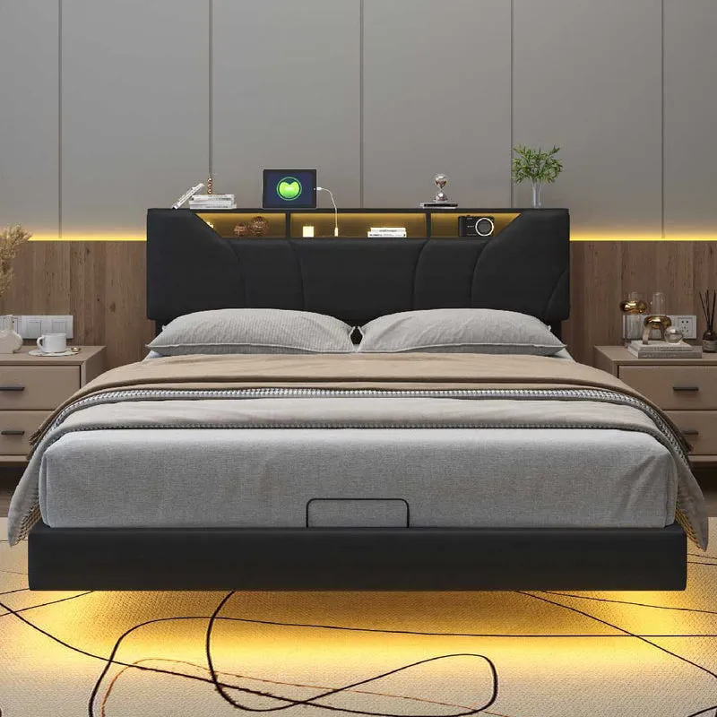 Yelenaro LED-Polsterbett mit Stauraum & USB – Hydraulikbett aus schwarzem PU