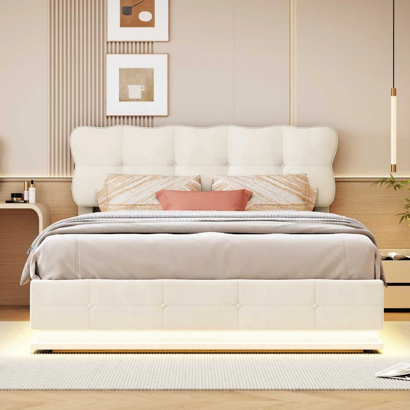 Yelenaro Polsterbett mit LED & Stauraum – Samtbett mit Hydraulik