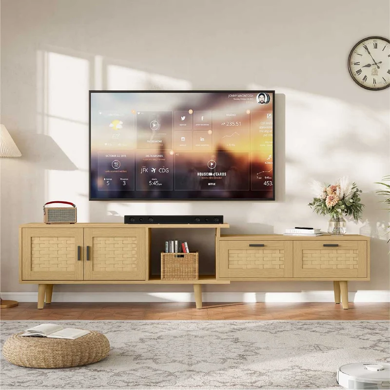 Yelenaro Ausziehbar TV-Lowboard aus Holz mit Rattanfront – 146-180 cm