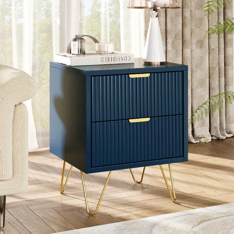 YELENARO Nachttisch Marineblau – mit 2 Schubladen & goldenen Metallbeinen