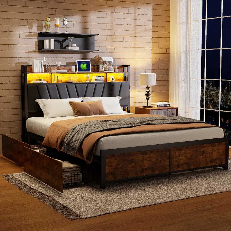 Yelenaro LED-Stauraumbett im Industrie-Stil – Metall-Holz Bettgestell mit USB & Schubladen