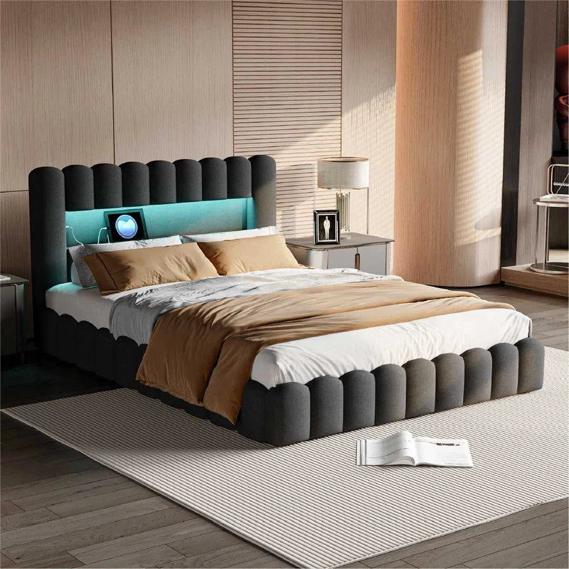 Yelenaro LED Polsterbett mit Stauraum & USB – Modernes Doppelbett mit Lattenrost, RGB-Beleuchtung