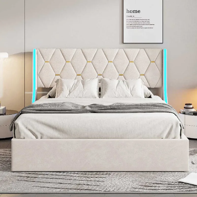 Yelenaro Polsterbett mit Stauraum & LED, Samt, 140/160×200 cm, Beige
