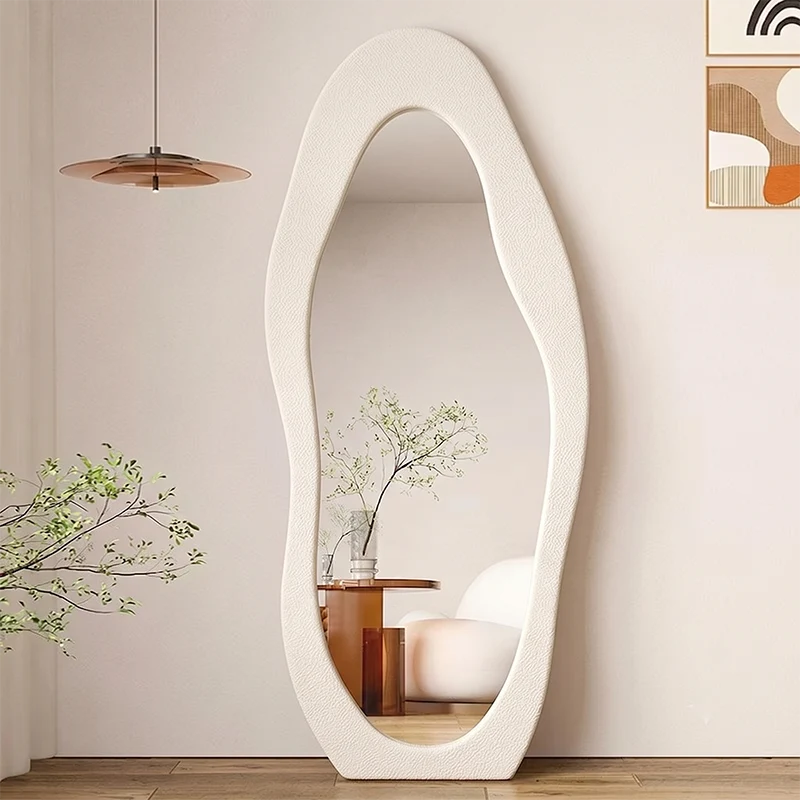 Modern Minimalist MDF Velvet Glass Wavy Full-Length Floor Mirror For Bedroom & Living Room