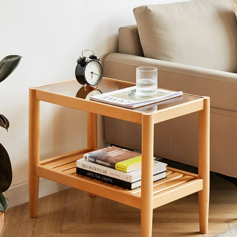 Modern Minimalist Solid Wood Glass Rectangular Side Table With 2-Tier Storage Space-saving For Living Room & Bedroom