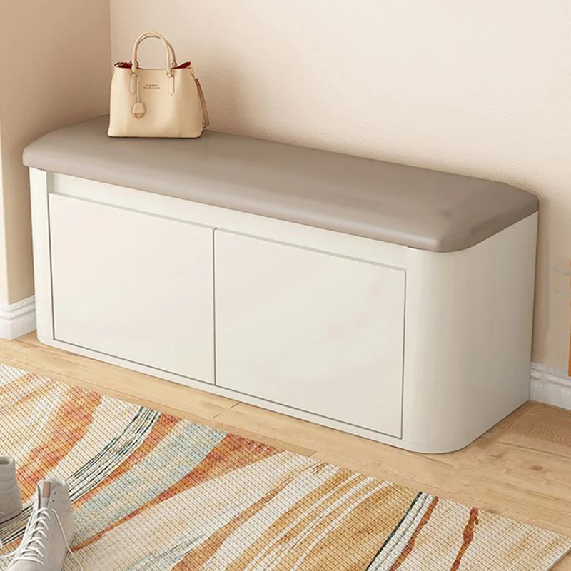 Contemporary Nordic Eco Board & Faux Leather Rounded Rectangular Shoe Bench With 3-Tier Storage For Entryway