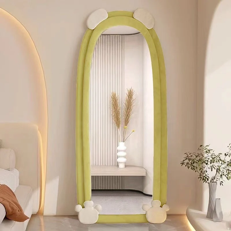 Contemporary Creative Velvet MDF Sponge Glass Bear-Shaped Full-Length Floor Mirror For Bedroom & Living Room