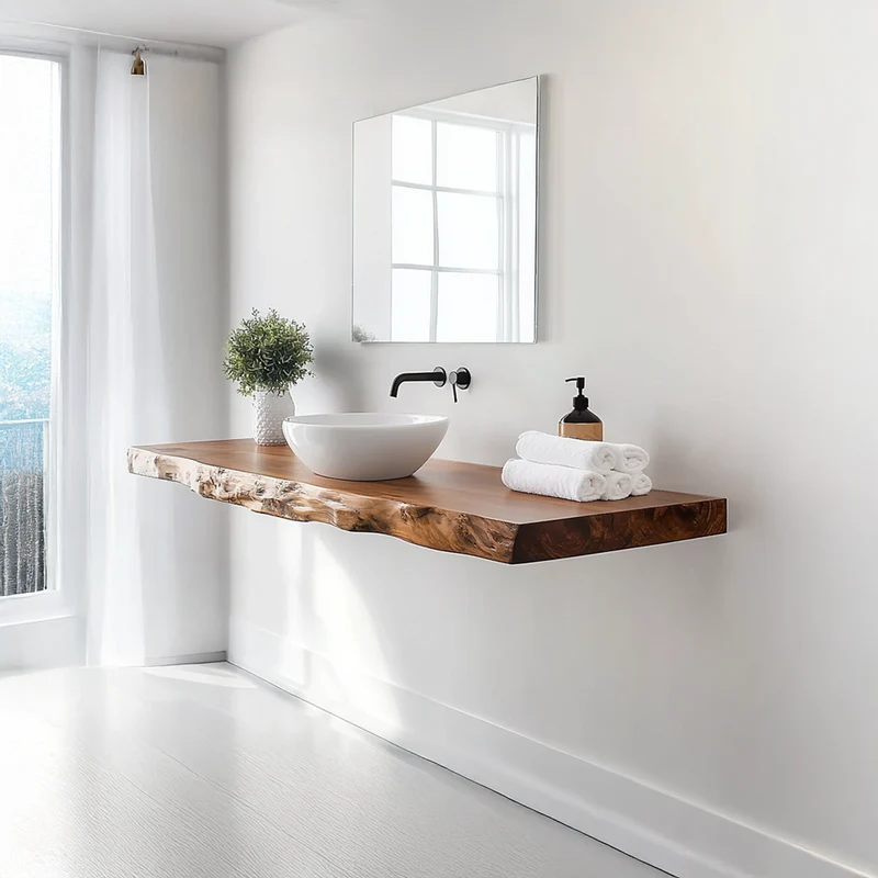 Spry Interior Mid Century Modern Floating Bathroom Vanity Shelf, Organic Solid Wood Single Washstand, Wall Mounted Storage Console SINLSABRV227