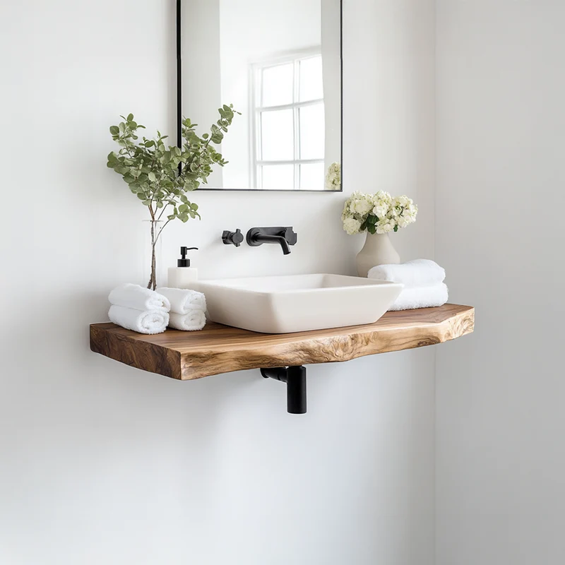 Spry Interior Mid Century Floating Bathroom Vanity Shelf, Natural Solid Wood Single Washstand, Wall Mounted Bathroom Storage Console SINLSABRV225