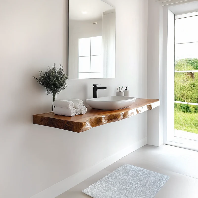 Spry Interior Mid Century Floating Bathroom Vanity, Live Edge Solid Wood Washstand Shelf, Wall Mounted Rustic Bathroom Storage Console SINLSABRV230