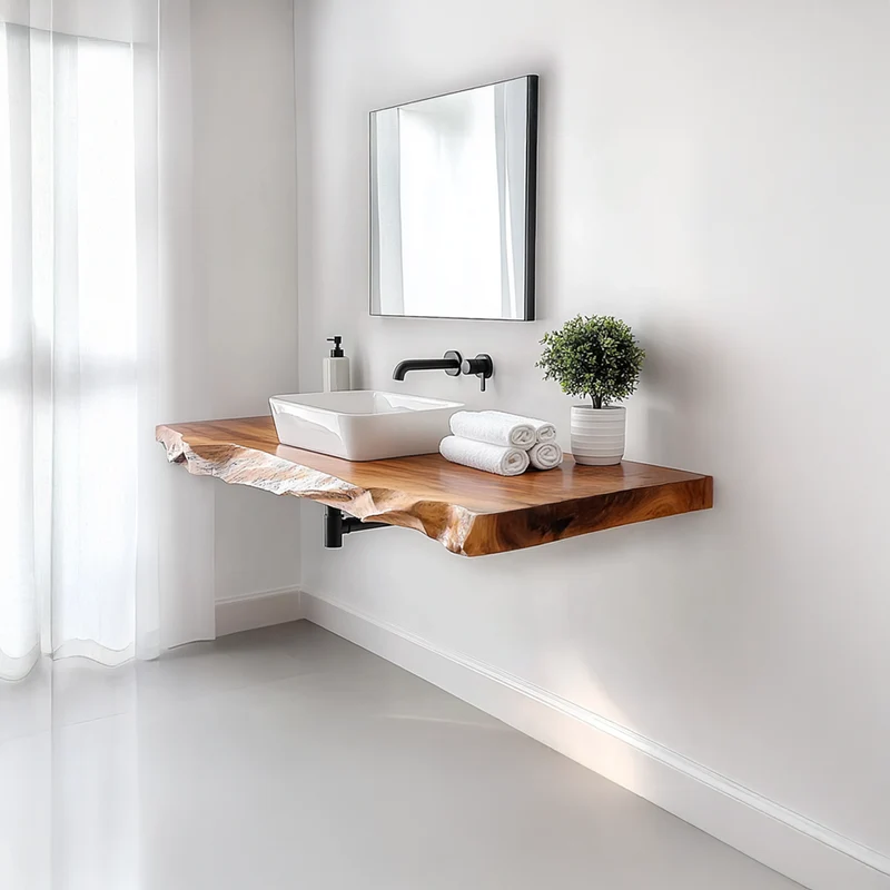 Spry Interior Floating Bathroom Vanity Shelf, Rustic Handcrafted Solid Wood Single Washstand, Wall Mounted Farmhouse Bathroom Storage SINLSABRV229
