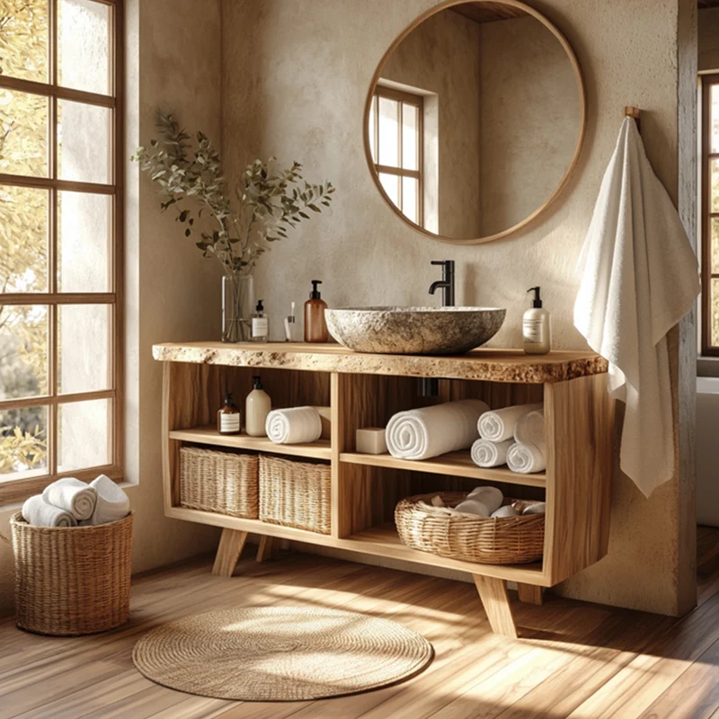 Spry Interior Rustic Bathroom Vanity Table, Handcrafted Thick Solid Wood Single Sink Washstand, Wall Mount Floating Storage Stand SINLSABRV236