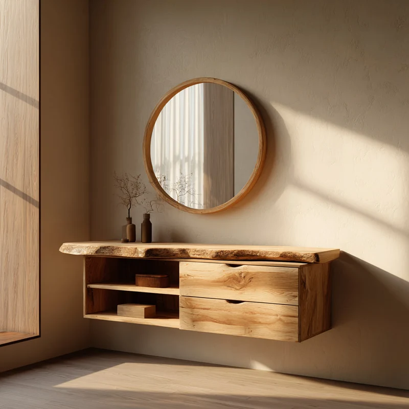 Spry Interior Floating Bathroom Vanity Shelf, Rustic Natural Grain Solid Wood Single Washstand, Wall Mount Farmhouse Bathroom Storage SINLKIBRV235
