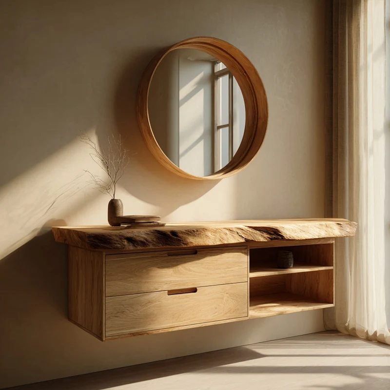 Spry Interior Mid Century Modern Floating Bathroom Vanity, Sculpted Solid Wood Single Washstand Shelf, Wall Mount Bathroom Console SINLKIBRV234
