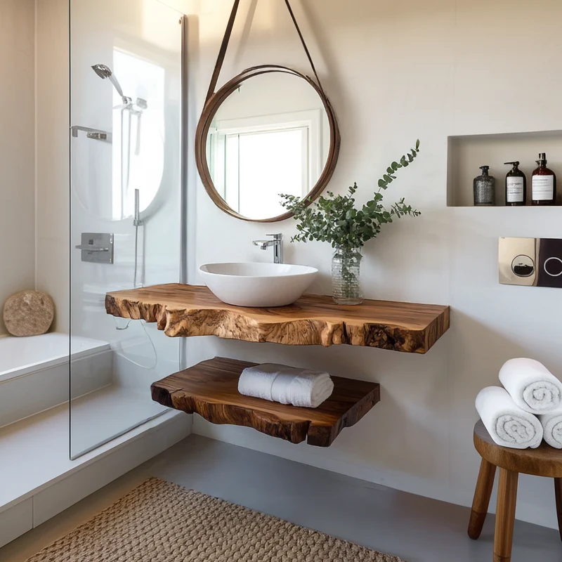 Spry Interior Rustic Floating Bathroom Vanity Shelf, Handcrafted Textured Solid Wood Single Sink Washstand, Farmhouse Wall Mount Decor SINLSABRV242
