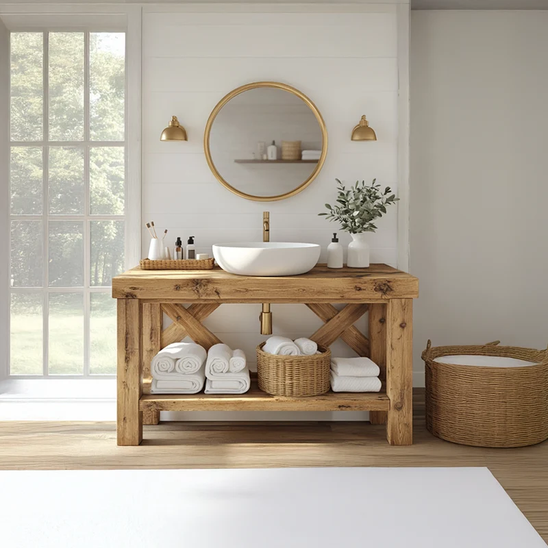 Spry Interior Rustic Bathroom Vanity Table, Natural Solid Wood Single Sink Washstand, Country Farmhouse Style Bathroom Cabinet SINLSABRV201