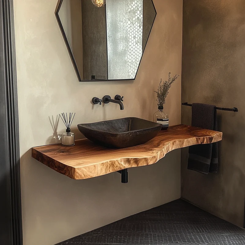 Spry Interior Mid Century Floating Bathroom Vanity Shelf, Contemporary Natural Solid Wood Single Washstand, Wall Mount Storage Console SINLKIBRV221
