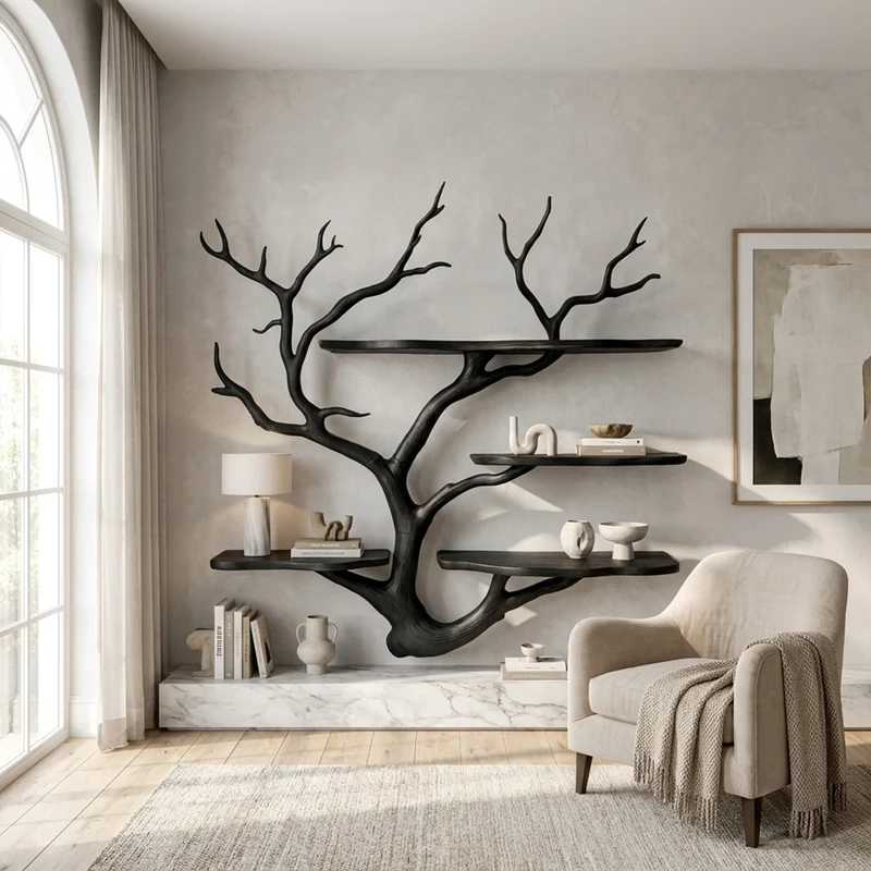 Spry Interior Sculptural Tree Wall Shelf, Creative Branch Floating Wood Bookshelf for Living Room, Creative Office & Art Studio SINLKITBS105